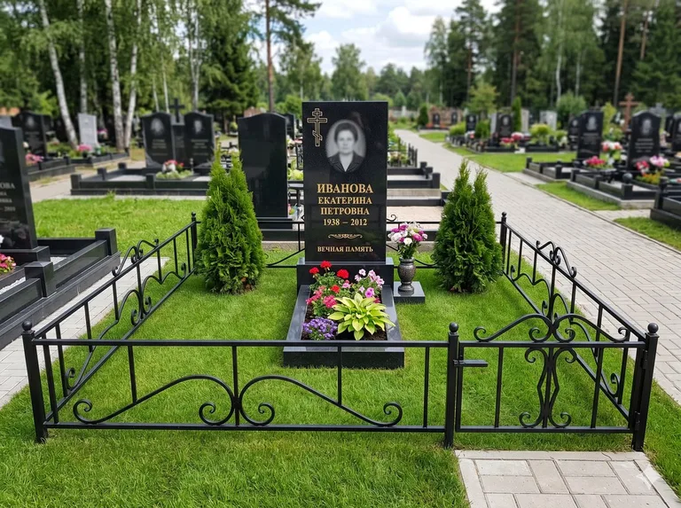 Зелёный газон на могильном участке в Ижевске