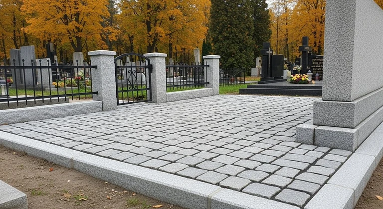 Благоустройство захоронений в Ижевске — мощение гранитной плиткой, цоколь и ограда на ухоженном участке