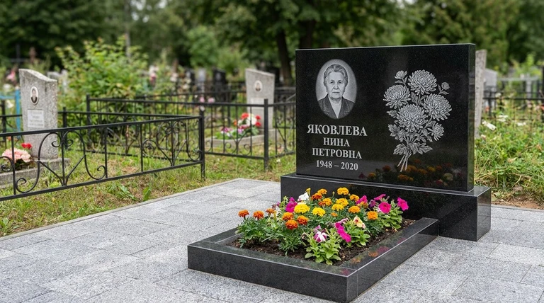 Гравировка хризантем на памятник в Ижевске — пример работы на граните