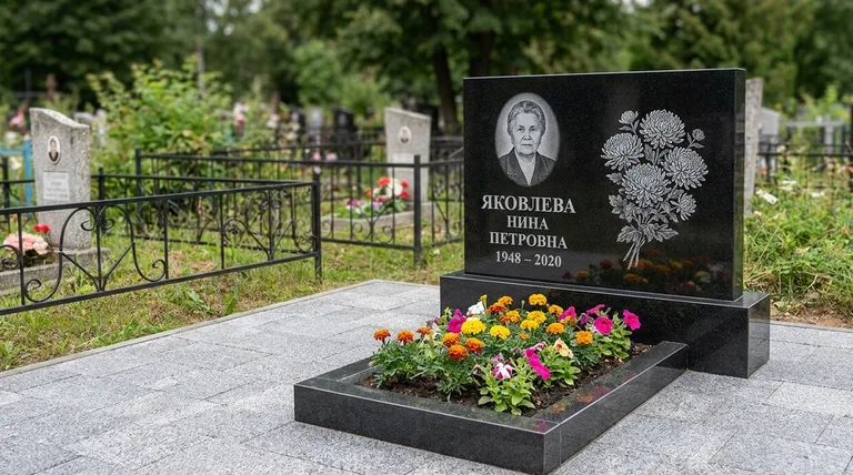 Памятник с гравировкой хризантем — выполненная работа «Соколов» в Ижевске