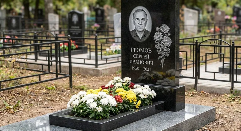 Памятник с гравировкой хризантем — выполненная работа «Громов» в Ижевске