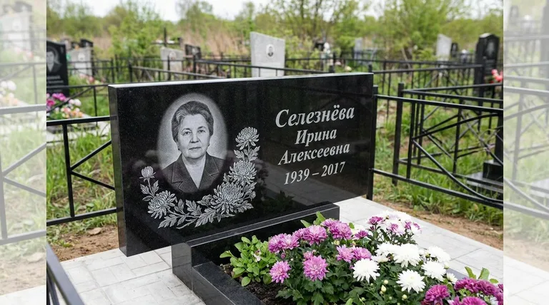 Памятник с гравировкой хризантем — выполненная работа «Селезнёва» в Ижевске