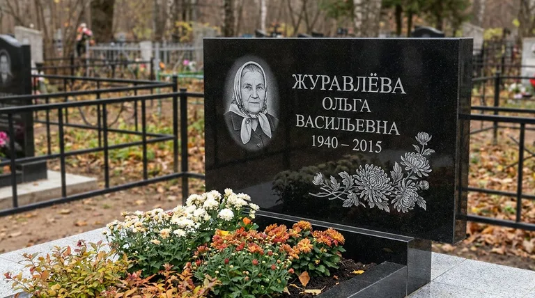 Памятник с гравировкой хризантем — выполненная работа «Журавлёва» в Ижевске