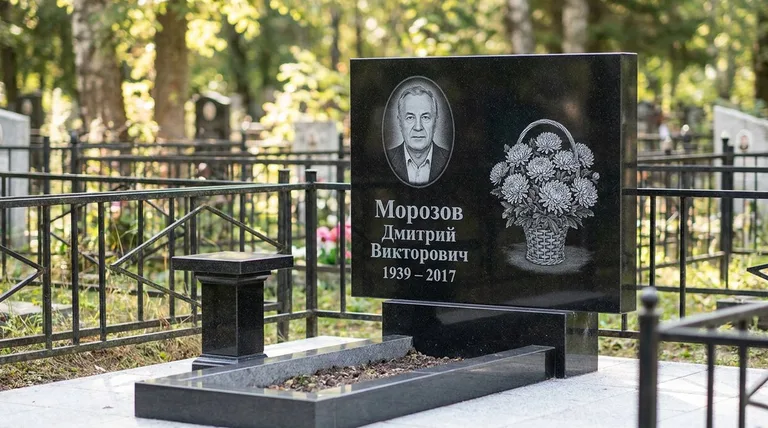 Памятник с гравировкой хризантем — выполненная работа «Морозов» в Ижевске