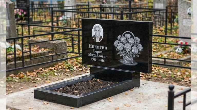 Памятник с гравировкой хризантем — выполненная работа «Никитин» в Ижевске