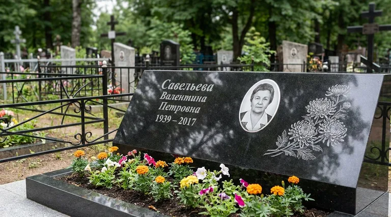 Памятник с гравировкой хризантем — выполненная работа «Савельева» в Ижевске