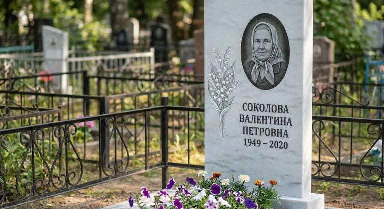 Памятник с гравировкой ландышей — выполненная работа «Соколова» в Ижевске