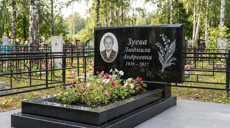 Памятник с гравировкой ландышей — выполненная работа «Зуева» в Ижевске