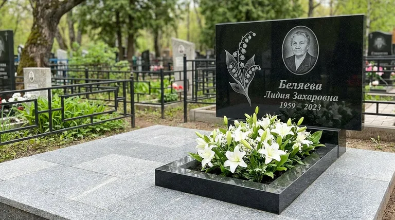 Памятник с гравировкой ландышей — выполненная работа «Беляева» в Ижевске