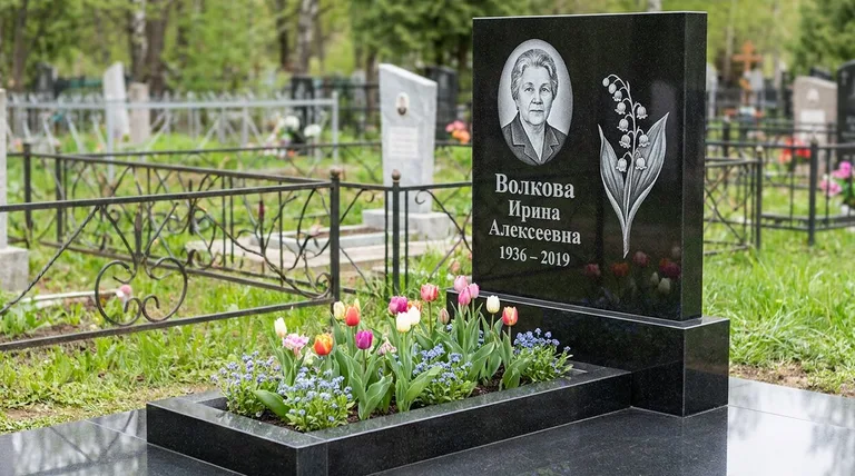 Памятник с гравировкой ландышей — выполненная работа «Волкова» в Ижевске