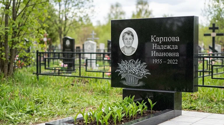Памятник с гравировкой ландышей — выполненная работа «Карпова» в Ижевске