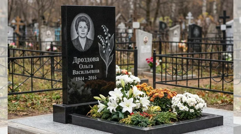 Памятник с гравировкой ландышей — выполненная работа «Дроздова» в Ижевске