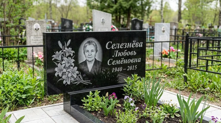 Памятник с гравировкой лилий — выполненная работа «Селезнёва» в Ижевске