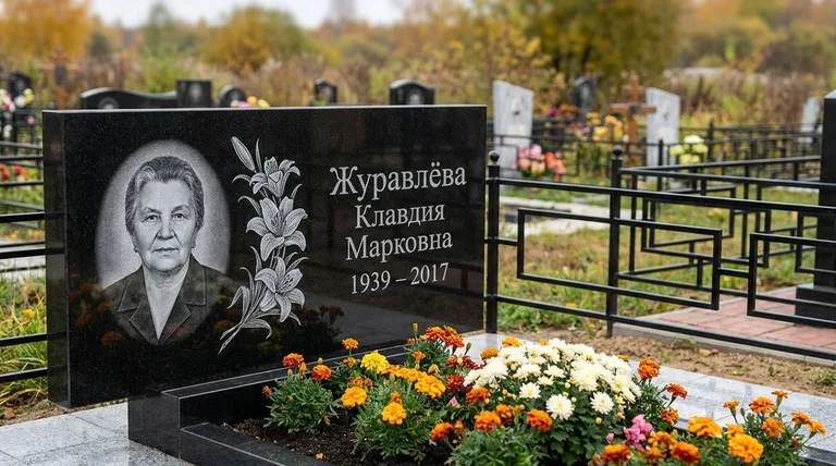 Памятник с гравировкой лилий — выполненная работа «Журавлёва» в Ижевске