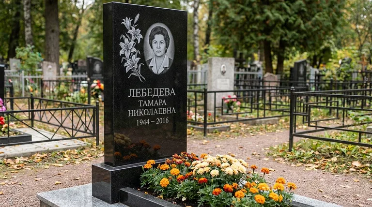 Памятник с гравировкой лилий — выполненная работа «Лебедева» в Ижевске