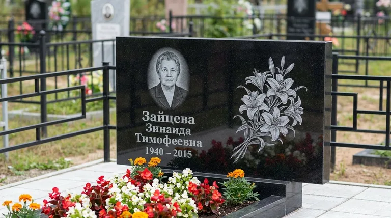 Памятник с гравировкой лилий — выполненная работа «Зайцева» в Ижевске