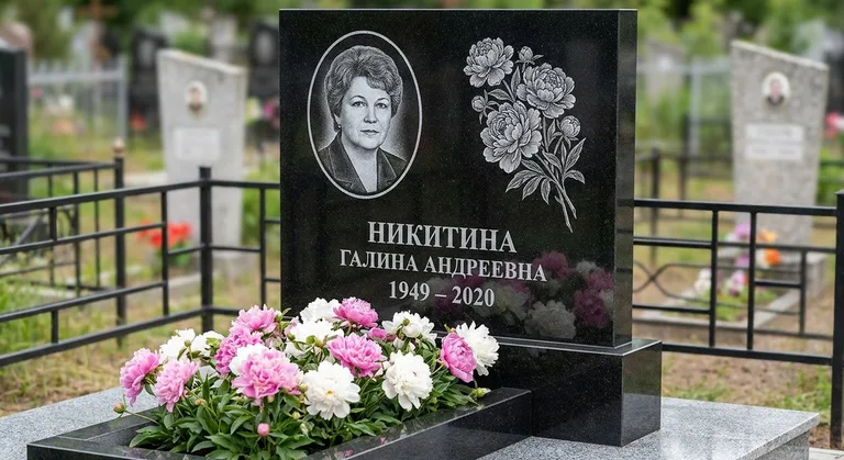 Памятник с гравировкой пионов — выполненная работа «Никитина» в Ижевске