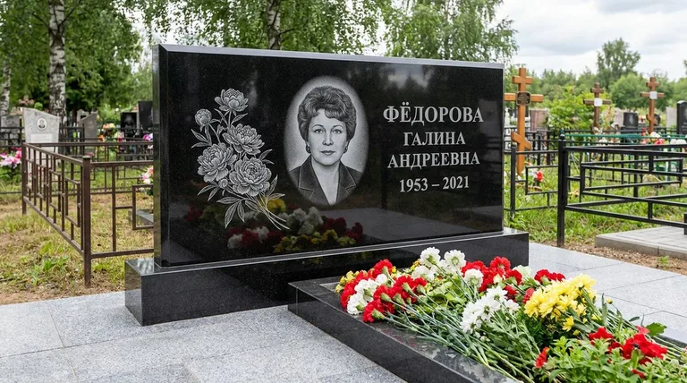 Памятник с гравировкой пионов — выполненная работа «Фёдорова» в Ижевске