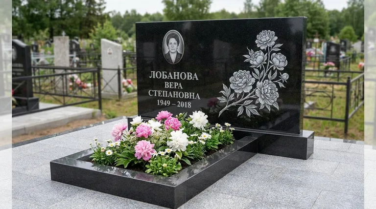 Памятник с гравировкой пионов — выполненная работа «Лобанова» в Ижевске