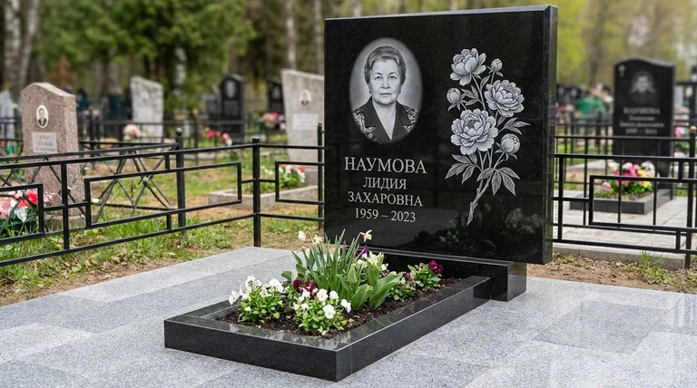 Памятник с гравировкой пионов — выполненная работа «Наумова» в Ижевске