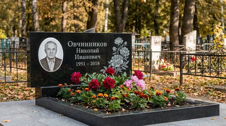 Памятник с гравировкой пионов — выполненная работа «Овчинников» в Ижевске