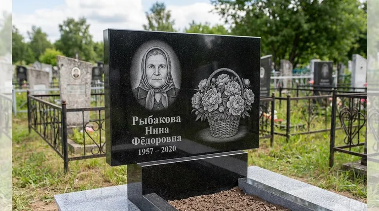 Памятник с гравировкой пионов — выполненная работа «Рыбакова» в Ижевске