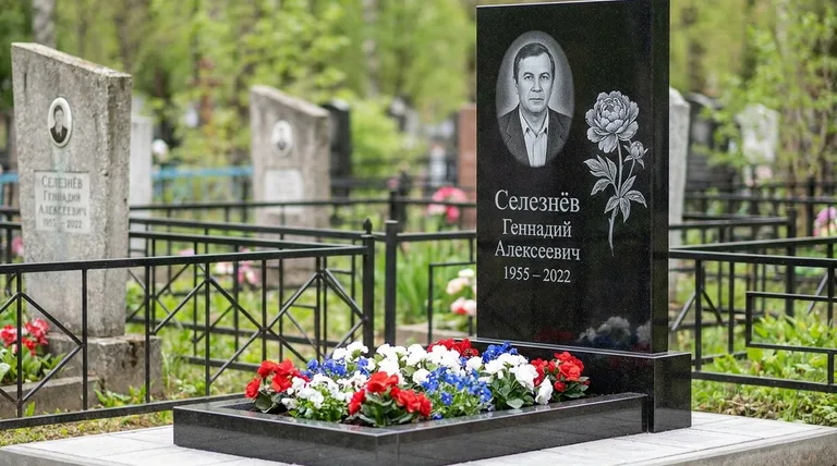 Памятник с гравировкой пионов — выполненная работа «Селезнёв» в Ижевске