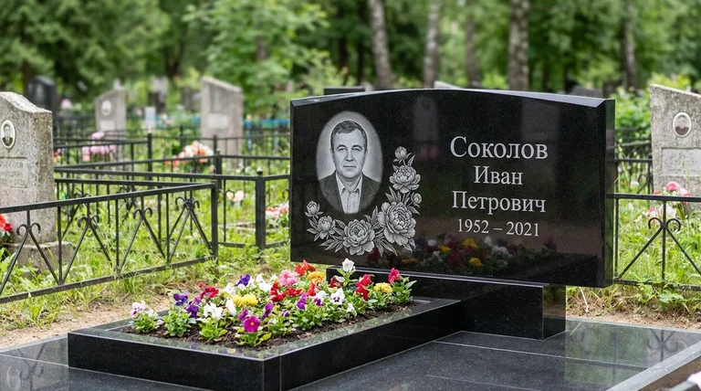 Памятник с гравировкой пионов — выполненная работа «Соколов» в Ижевске