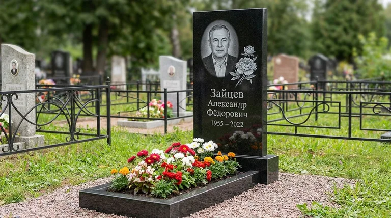 Памятник с гравировкой пионов — выполненная работа «Зайцев» в Ижевске