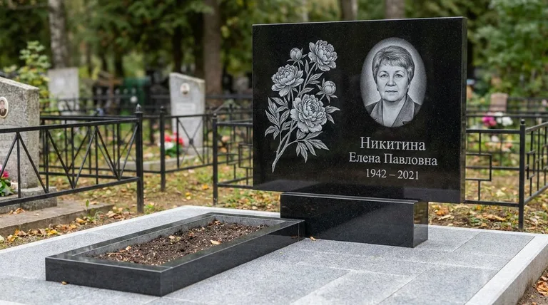 Памятник с гравировкой пионов — выполненная работа «Никитина» в Ижевске
