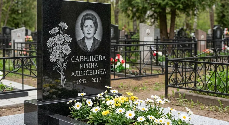 Памятник с гравировкой ромашек — выполненная работа «Савельева» в Ижевске