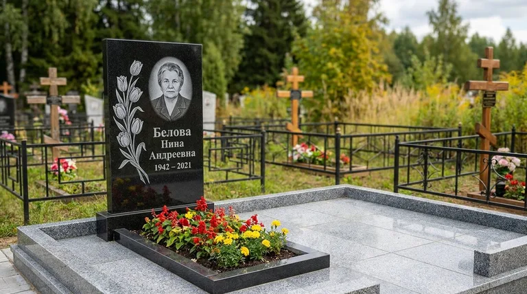 Памятник с гравировкой тюльпанов — выполненная работа «Белова» в Ижевске