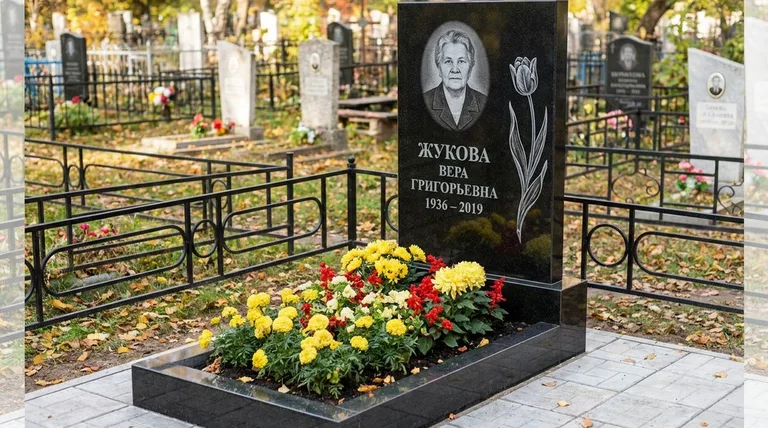 Памятник с гравировкой тюльпанов — выполненная работа «Жукова» в Ижевске