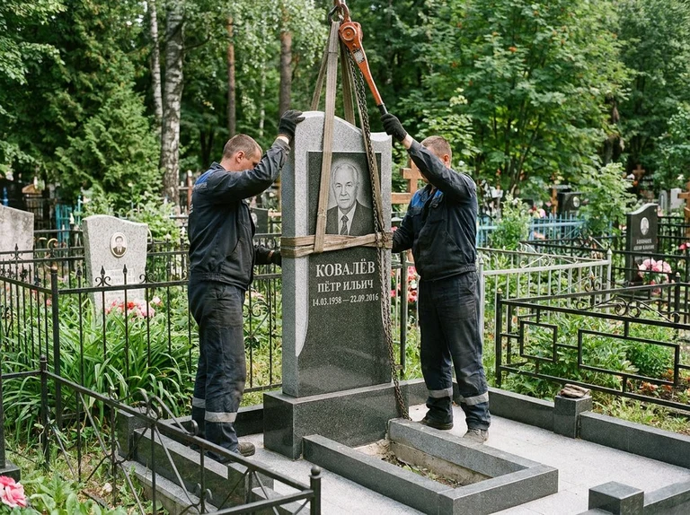 Демонтаж памятника на кладбище в Ижевске — бригада аккуратно снимает старый гранитный памятник с могилы