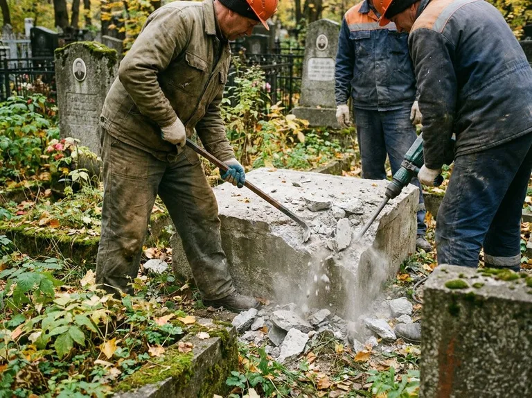 Демонтаж бетонного цоколя и тумбы памятника в Ижевске