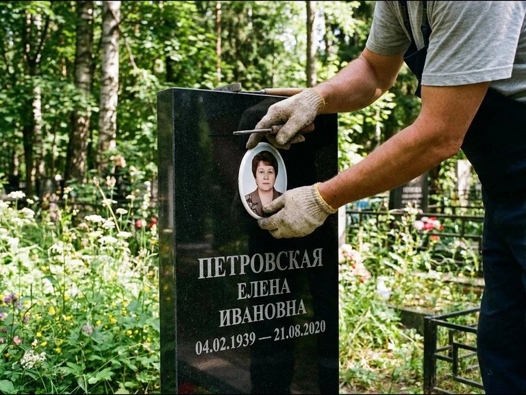 Фото на керамике на памятник в Ижевске — мастер устанавливает овальный керамический портрет на гранитный памятник