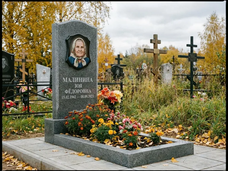 Чёрно-белый керамический портрет на памятнике в Ижевске