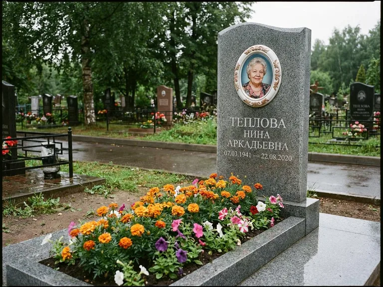 Керамический портрет на памятнике с цветами в Ижевске
