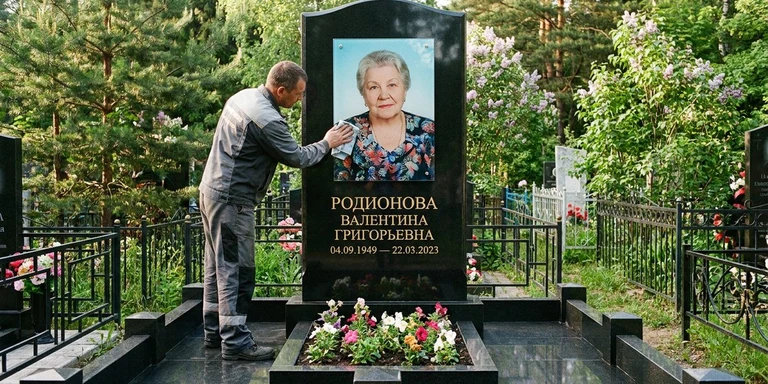 Фотокерамика и печать фото на памятник в Ижевске — мастер устанавливает цветной портрет на стекле на гранитный памятник