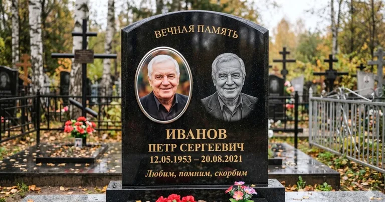 Сравнение на одном граните: слева цветной керамический портрет, справа лазерная гравировка