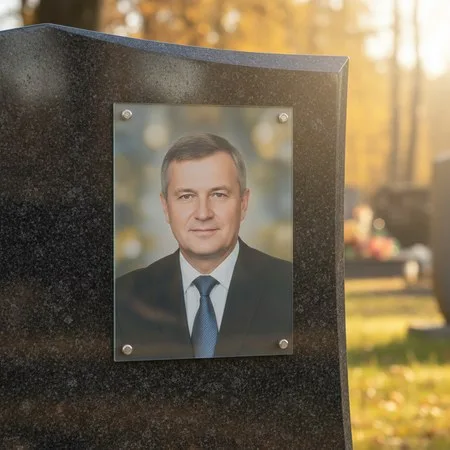Портрет на стекле на держателях на чёрном граните в Ижевске