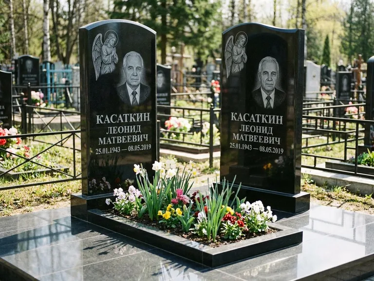 Памятник с гравировкой ангела — гравировка молящегося ангела в верхней части стелы, работа «Касаткин» в Ижевске