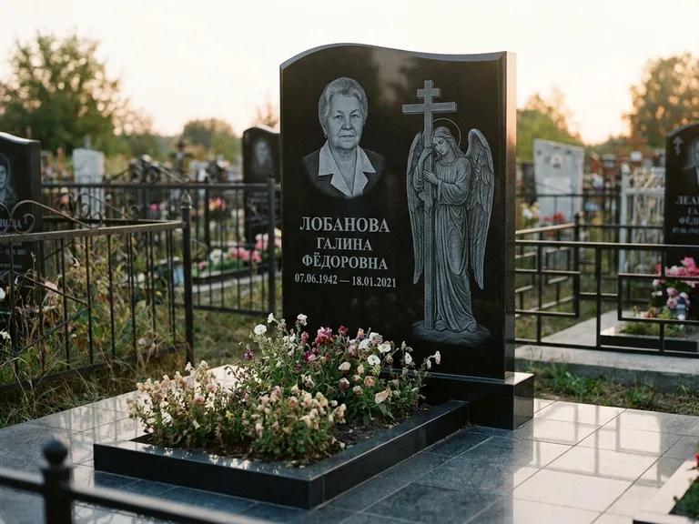 Памятник с гравировкой ангела — гравировка ангела с крестом рядом с эпитафией, работа «Лобанова» в Ижевске