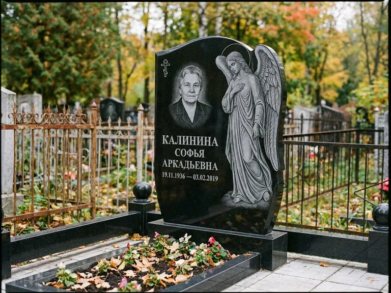 Памятник с гравировкой ангела — гравировка ангела с крестом рядом с эпитафией, работа «Игнатова» в Ижевске