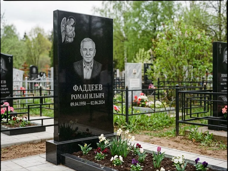Памятник с гравировкой ангела — гравировка молящегося ангела в верхней части стелы, работа «Фаддеев» в Ижевске