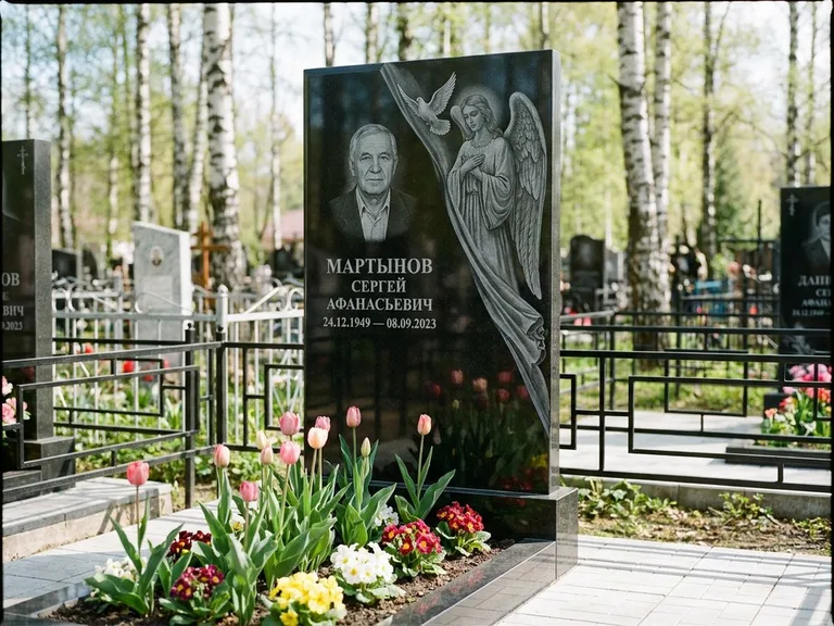 Памятник с гравировкой ангела — гравировка двух ангелов по сторонам портрета, работа «Касаткин» в Ижевске