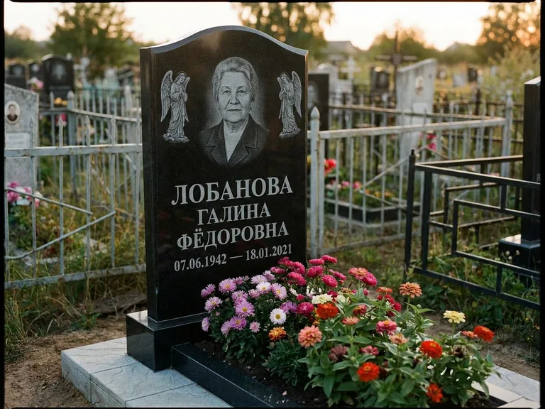 Памятник с гравировкой ангела — гравировка двух ангелов по сторонам портрета, работа «Лобанова» в Ижевске