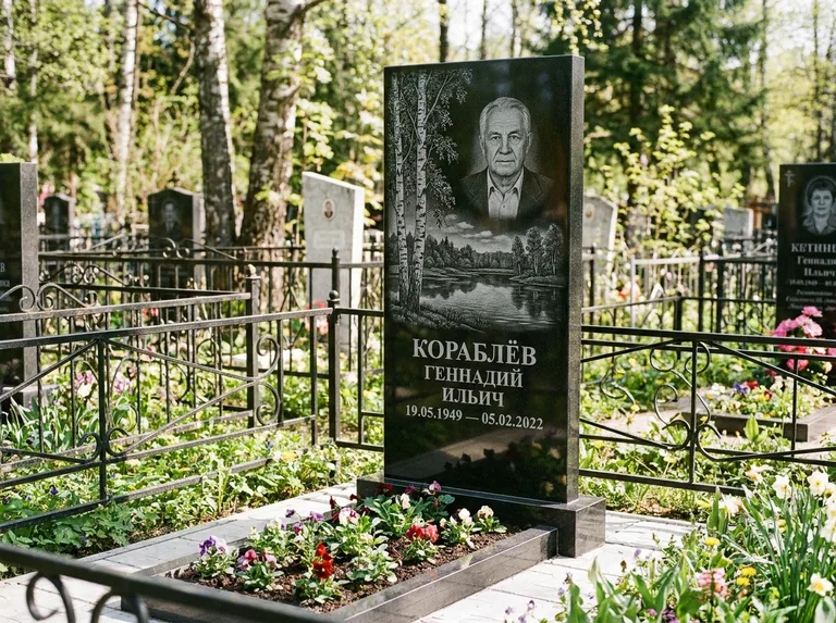 Памятник с гравировкой берёзы — гравировка берёзы у зеркального озера, работа «Кораблёв» в Ижевске