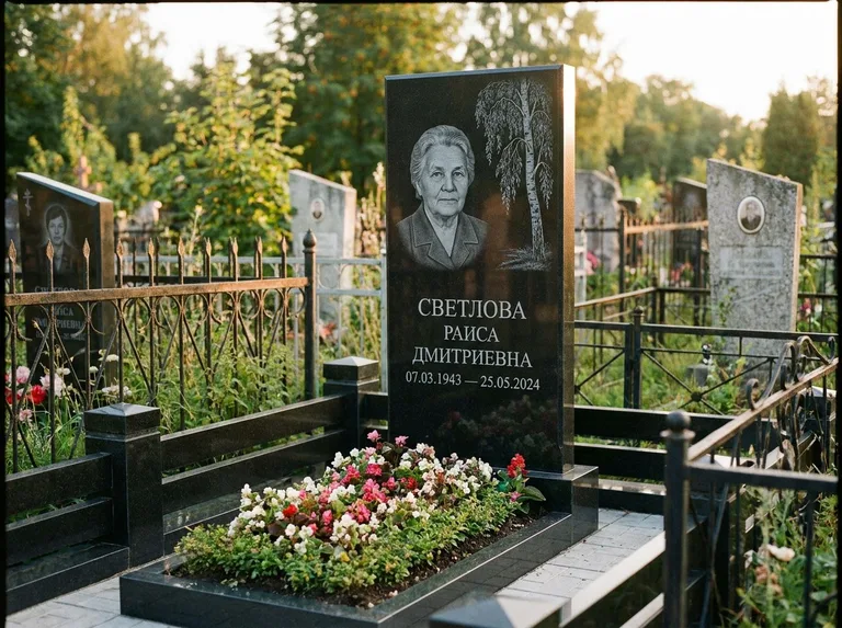 Памятник с гравировкой берёзы — гравировка плакучей берёзы с тонкими ветвями, работа «Светлова» в Ижевске