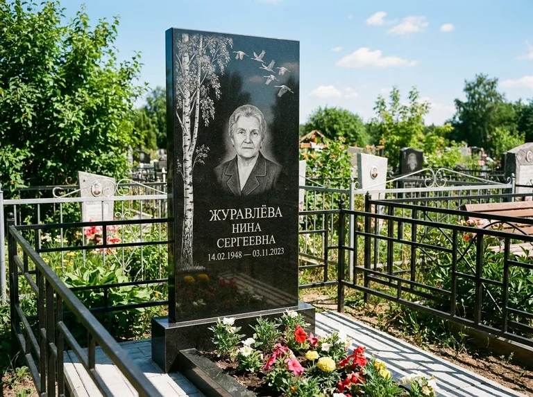 Памятник с гравировкой берёзы — гравировка берёзы с журавлиным клином в небе, работа «Журавлёва» в Ижевске